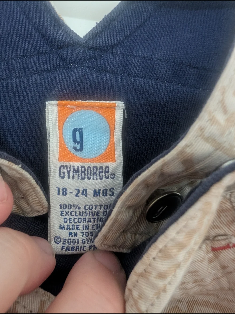 Y2K Gymboree Beige Patterned Short Overalls with Navy Trim 18-24m
